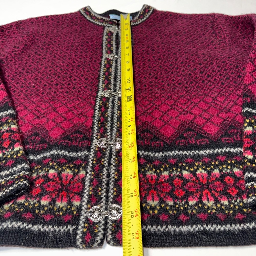 Vintage Frost Petite Large Burgundy Icelandic Fair Isle Snowflake Wool Cardigan - Picture 7 of 7